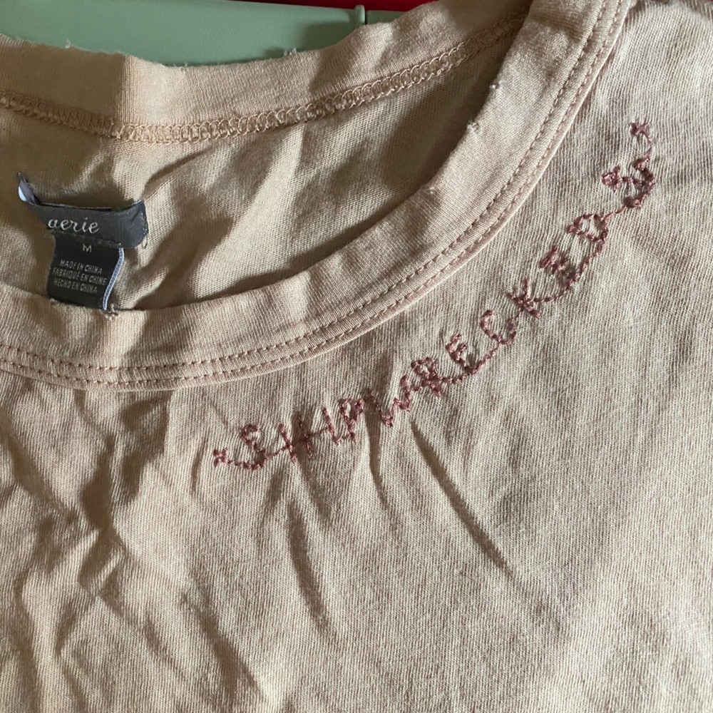 Aerie light pink distressed shirt with “Shipwrecked” embroidered size M.